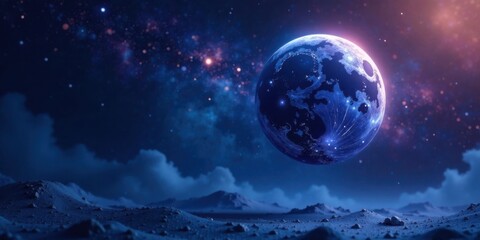 Wall Mural - a luminous celestial body, glowing with intricate network patterns, hangs above a desolate, rocky la
