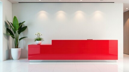 Poster - modern red reception desk in a minimalist office setting with potted plants