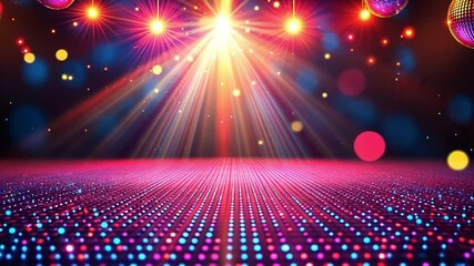 Poster - Abstract Dance Floor: A vibrant, energetic, and colorful dance floor scene, illuminated by dazzling lights and disco balls, creating a captivating atmosphere for celebration and entertainment.