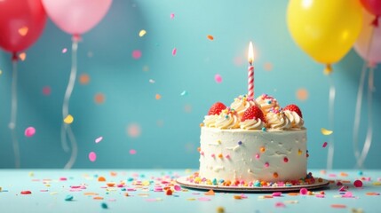 Poster - A delightful birthday cake celebration with colorful sprinkles and balloons