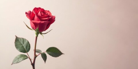 Poster - A single red rose stem with leaves against a soft, neutral background