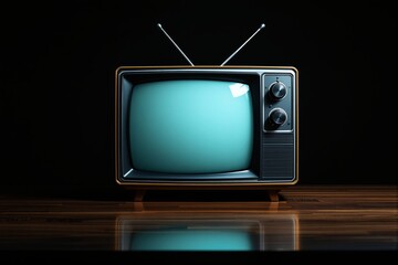 Poster - Retro television with antenna on a wooden surface in a dark background.
