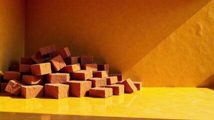 Leinwandbilder - A pile of reddish-brown rectangular blocks rests against a vibrant yellow wall in a sunlit corner.