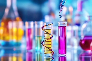 Aufkleber - Vibrant laboratory setup with DNA helix and colorful test tubes.