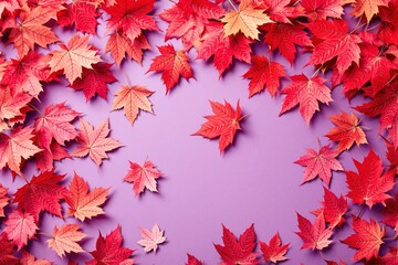 Poster - Autumn maple leaves in vibrant red on a purple background.