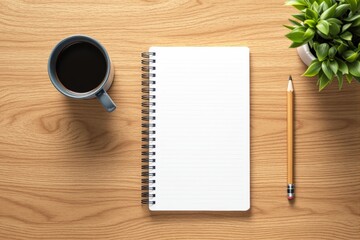 Poster - Spiral notebook with pencil, coffee mug, and plant on wooden table background.