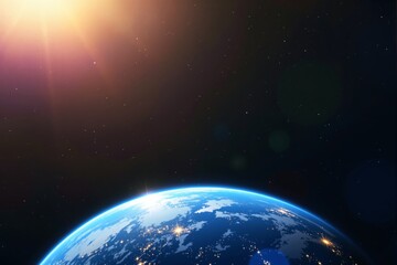 Poster - Stunning view of Earth from space with glowing city lights and sunlight in the corner.