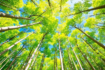Poster - Vibrant green forest canopy view from below with sunlight filtering through.