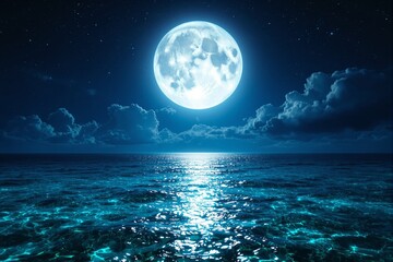 Poster - Bright full moon over ocean with glowing light reflection at night.