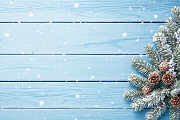 Poster - Snow-covered pine branches with cones on blue wooden background.