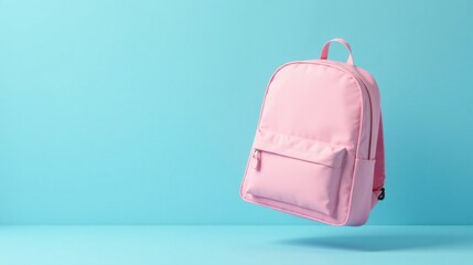 Poster - A Light Pink Backpack Floating Against a Pastel Blue Background