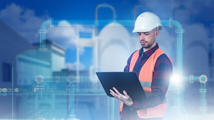 Poster - man industrial engineer with laptop. engineering communications design. factory behind industrial de