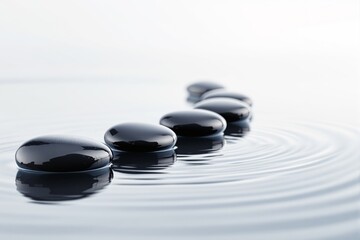 Poster - Smooth black stones in water with ripples on a light background.