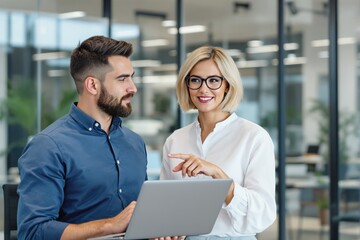 Poster - Business colleagues discussing work on laptop in modern office.