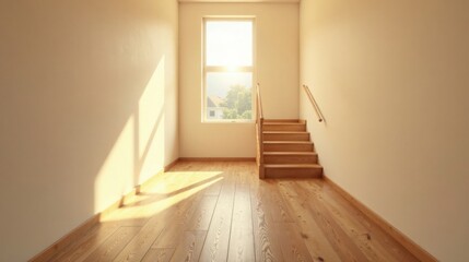 Aufkleber - Sunlit Interior with Wooden Staircase and Hardwood Floors