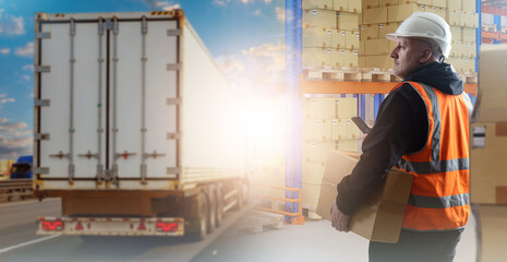 Poster - Man logistics specialist. Rear view truck driving on road. Logistics warehouse employee. Truck delivers goods to destination. Shelves with boxes near logistician with phone. Man logistician in helmet