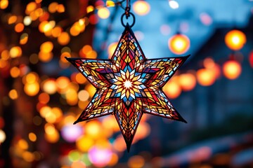 Poster - Colorful star-shaped lantern hanging against festive lights background.