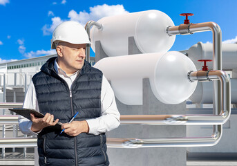 Poster - man factory technologist. tanks with cryogenic liquids behind worker. businessman owner of industria