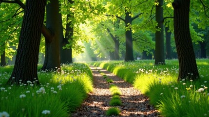 Poster - Sunlit Path Through a Lush Green Forest with Wildflowers