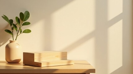 Aufkleber - Wooden display stand with minimalist plant in a vase on a table bathed in sunlight