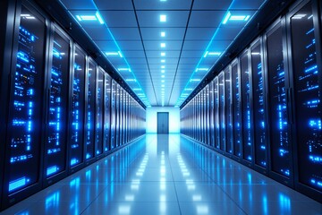 Poster - Server room with illuminated data racks in futuristic style.