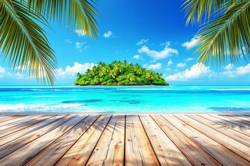 Aufkleber - Tropical island with clear blue water and wooden deck under palm leaves.