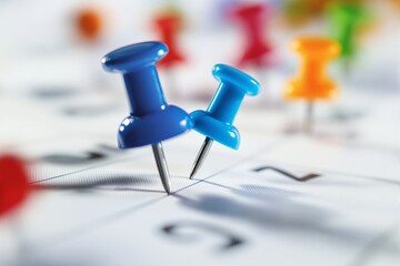 Poster - Blue push pins on a calendar background.