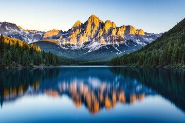 Aufkleber - Majestic mountain range reflecting on calm lake surrounded by dense green forest under warm sunlight, peaceful natural landscape.