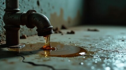 Poster - Rusty Faucet Dripping Dark Liquid Onto Cracked Surface
