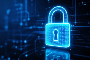 Poster - Neon blue padlock on digital background symbolizing data security and protection concept.