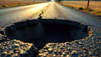 Poster - Severe Road Damage A Deep Pothole on a Rural Asphalt Road at Sunset