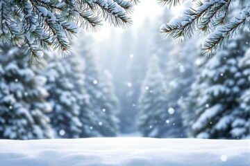 Poster - Snowy winter forest background with pine branches covered in snow.