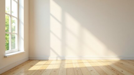 Poster - Sunlight streams through a window into an empty room with light hardwood floors and white walls