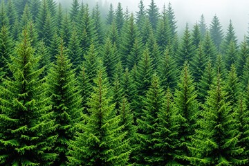 Poster - Dense green fir forest with misty background.