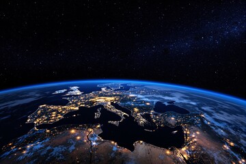 Poster - Europe and surrounding areas illuminated at night from space under a starry sky.
