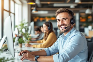 Aufkleber - Call center agents working in modern office with computers.