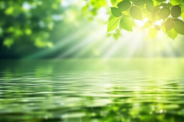 Poster - Peaceful green leaves and sunlight reflections on water background.