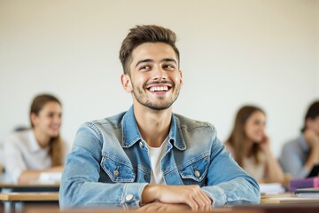 Poster - Student in denim jacket sitting in classroom.