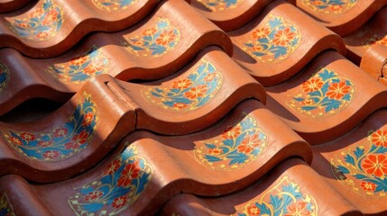 Aufkleber - Ornate terracotta roof tiles with hand-painted floral designs