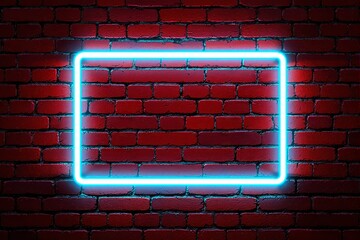 Poster - Neon blue rectangle frame on red brick wall background, glowing light effect concept.