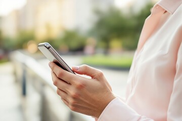 Poster - Woman holding smartphone in city environment.