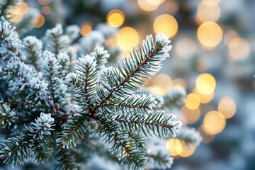 Poster - Snow-covered pine tree branch with bokeh lights in the background.