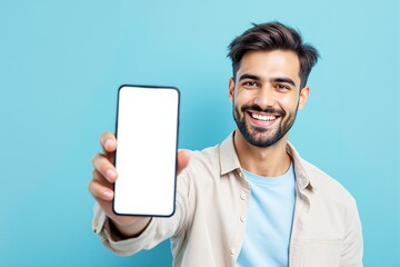 Aufkleber - Smiling man holding smartphone with blank screen on blue background.