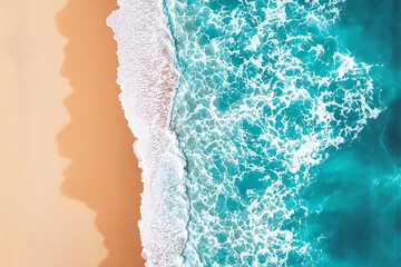 Poster - Aerial view of ocean waves meeting sandy beach.