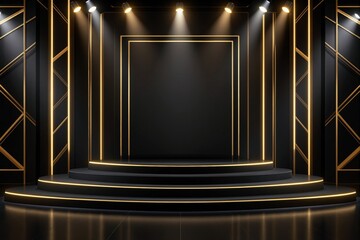 Poster - Luxurious black and gold stage with illuminated steps and geometric lighting design.