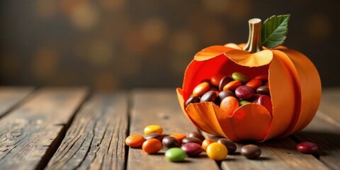Poster - Autumnal Candy in a Festive Pumpkin Shaped Container on Rustic Wooden Surface