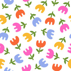 Poster - Seamless pattern with random tulip flowers on a white background. Cute floral minimal print. Childish design. Vector illustration