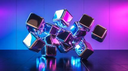 Poster - 3D rendering of floating mirrored cubes with glowing neon lights, representing digital transformation, technology, and modern design in a futuristic visual concept.