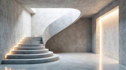 Poster - Modern Concrete Staircase with Subtle Ambient Lighting in Minimalist Interior Design