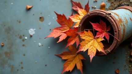 Poster - Autumn leaves nestled in a rustic terracotta pot on a textured surface